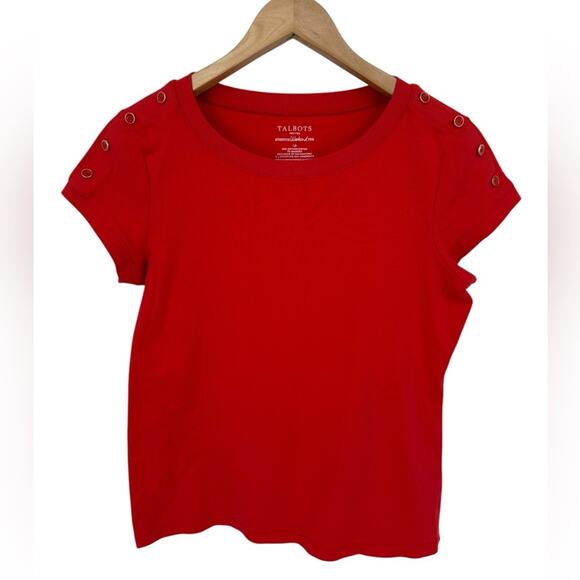 Talbots Women's Red Orange Stretch Weekend Tee Button-Shoulder Top Size Large P - Picture 1 of 4